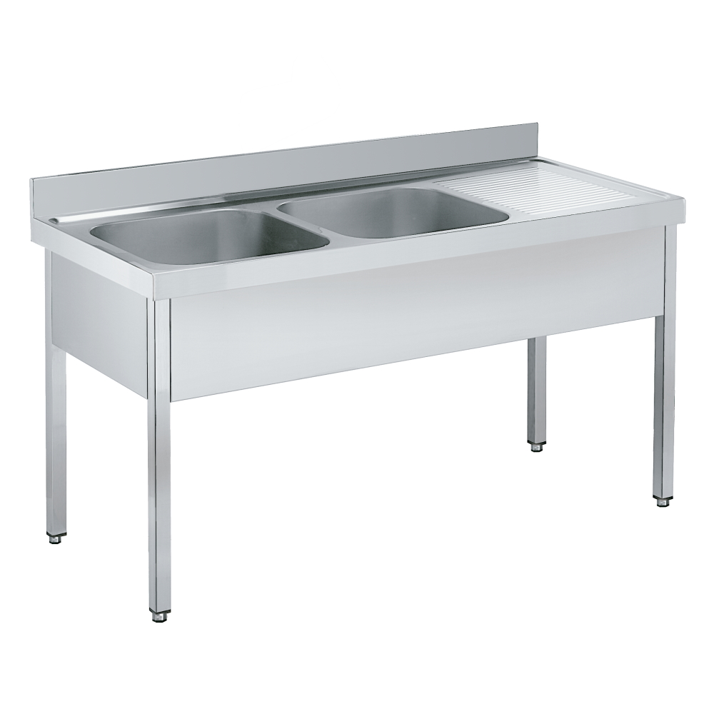 Sink with frame 2 bowls and 1 drainer 500x400x250 - 1600x600x850 mm - 2181D061 Eurast
