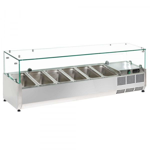 Ingredient refrigerator with display case with 6 gn 1/4-150 containers - 1400x335x440 mm - 160 W 230