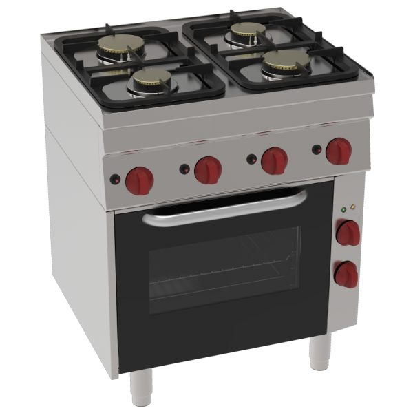 Gas cooker 6 burners 1 electric convection oven 440x380 - 700x600x850 mm - 16 Kw + 2,5 Kw 230/1V - 4
